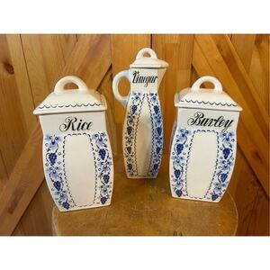 Karin Germany Blue White Ceramic Pottery Canisters Grape Pattern (8881) Damaged